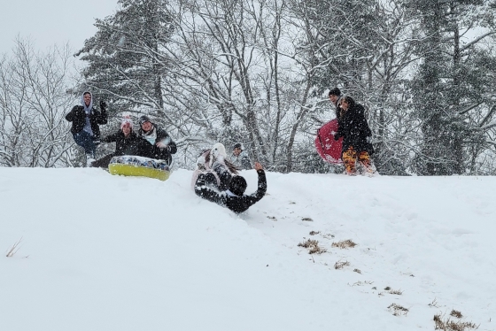 Students sledding on the golf course